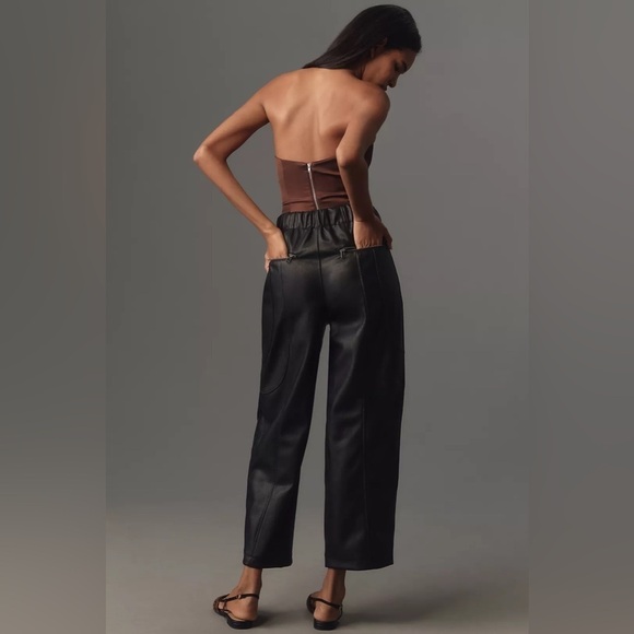 NWT by Anthropologie Black Vegan Leather Belted Barrel Pants Size XL - Picture 3 of 9